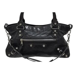 Balenciaga Black Calfskin Leather Shoulder Bag City Handbag The